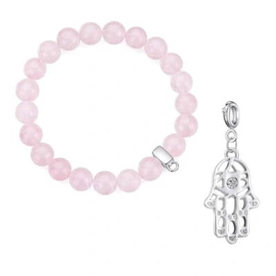 Image of Philip Jones Rose Quartz Gemstone Bracelet with Hamsa Hand Charm Created Zircondia® Crystals