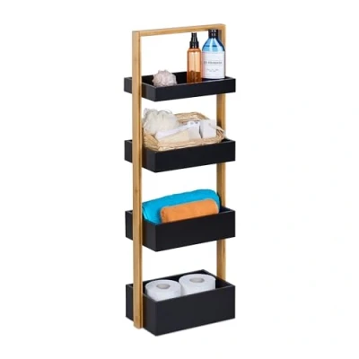 Image of Relaxdays Storage Unit, 4 Shelves, Kitchen, Bedroom, Free Standing, 88 x 30 18 cm, Caddy, Bamboo/MDF, Natural/Black