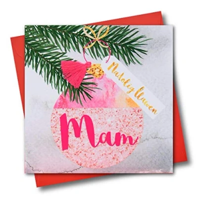 Image of Welsh Mum Christmas Card, Nadolig Llawen Mam, Bauble, Tassel Embellished