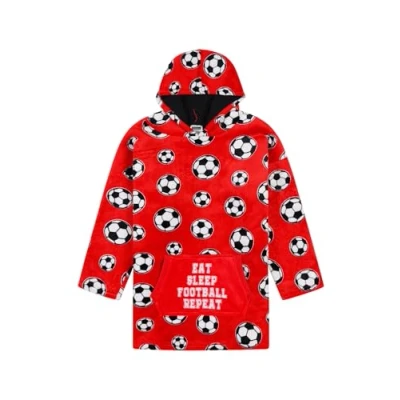 Image of ThePyjamaFactory Boys Eat Sleep Football Red Fully Lined Luxury Fleece Hoodie, Oversized Blanket Hoody For Kids