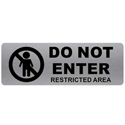 Image of METAL Do Not Enter Restricted Area Sign WITH IMAGE Brushed Silver Aluminium Warning Safety Security Door Notice Office Shop Warehouse School Cafe Pub Restaurant Business Health Danger Hazard