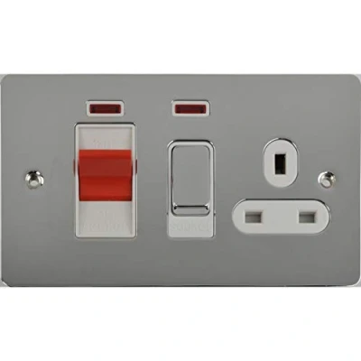 Image of Schneider Electric Ultimate Flat Plate Switched Cooker Control Unit with Single Power Socket, Neon Indicator, 45A, GU4201WPC, Polished Chrome White Insert