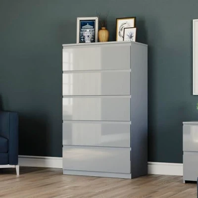 Image of Vida Designs Glinton High Gloss Chest of Drawer, 100% FSC Certified Drawers for Clothes Closet Organizers and Storage Cabinet Hallway, Entryway (Grey, 5 Drawer)