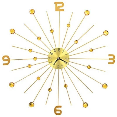 Image of vidaXL Golden Metal Wall Clock with Crystal Details, Shiny Dial, Quartz Movement, Clear Numerals, 70 cm Diameter
