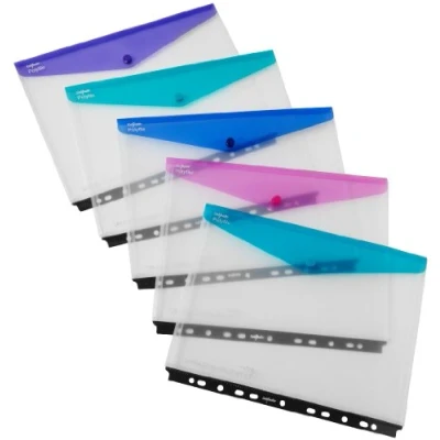 Image of Snopake A4 High Capacity Polyfile RingBinder Popper Wallet, Landscape Clear with Electra Assorted Flap [Pack of 5] Ref: 15694