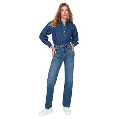 Image of Trendyol Women High Waist Wide Leg Jeans Blue
