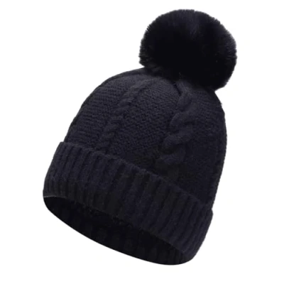 Image of Gadgets Mafia Ladies Warm Chunky Cable Knit Hat with Thermal Teddy Fleece Lining Faux Fur Pompom Winter Beanie for Women (Black)