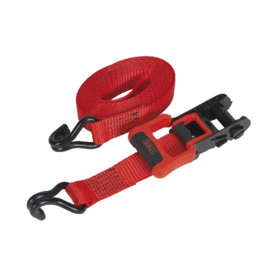 Image of Sealey Ratchet Tie Down 32mm x 4.9m Polyester Webbing with J Hooks 1200kg Breaking Strength 2 Pairs