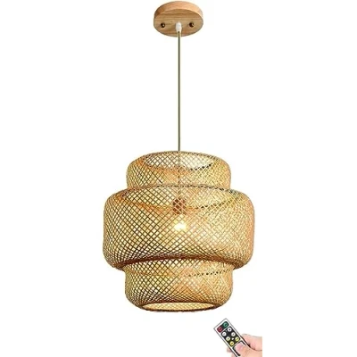 Image of Battery Operated Bamboo Pendant Light Fixture with Remote,Non Hardwired Hanging Ceiling Light,Hand Woven Rattan Lighting Wireless Timer Large Chandelier for Kitchen Island Dining Room (Color