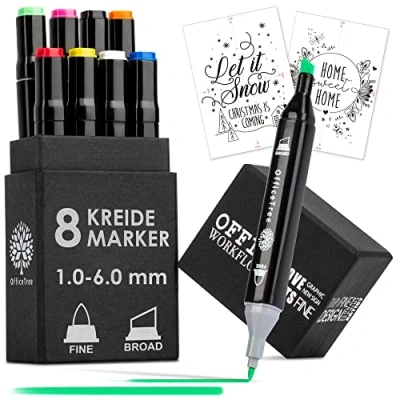 Image of OfficeTree 8 x Chalk Markers Coloured Pens for Blackboards Wipeable Window Glass Washable Pen with Rounded tip and Wedge Blackboard in Colours Dry Wipe