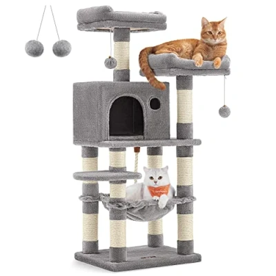 Image of Feandrea Cat Tree, 112 cm Tower for Indoor Cats, Multi Level Plush Condo with 11 Scratching Posts, Perches, Cave, Hammock, Pompoms, Light Grey PCT215W01