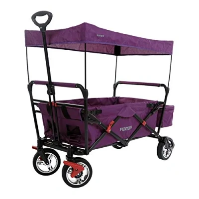 Image of FUXTEC Folding Wagon for Kids to Sit In Hand Cart, Garden Trolley, Stroller, Outdoor Transport, Asphalt &amp; Hard Ground, Hiking Trails, Removable Canopy, Rear Bag, 4 Wheels, Cover CT500 Purple
