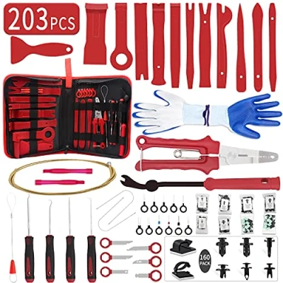 Image of Wetado Trim Removal Tool Kit, Car Panel/Door/Audio Set, Auto Clip Pliers/Fastener Terminal Remover Tool, Push Pin Bumper Retainer Clip, Plastic Pry Set with Storage Bag(203Pcs Red)