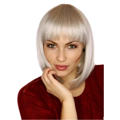 Image of Prettyland Silver Grey Mid length BOB Cut Short Hair Wig Straight Bangs Natural Matt for Daily Use C566
