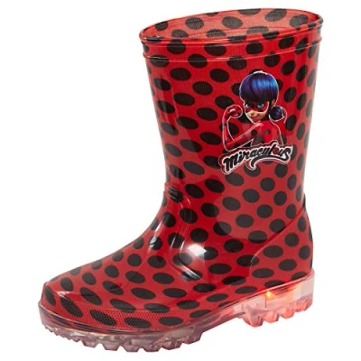 Image of Miraculous Ladybug Girls Light Up Wellington Boots 9 UK Child Black Red