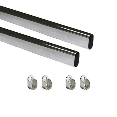 Image of Emuca Wardrobe Oval Hanging Rail Kit with End Supports, 750mm, Chromed, Aluminium and Zamak, Pack of 2
