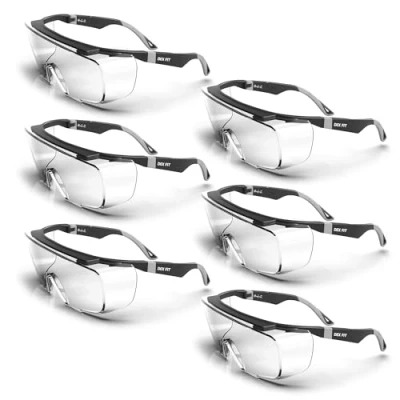 Image of DEX Fit Safety Over Glasses SG210 OTG; Your Eyewear, Z87 Eye Protection, Fog &amp; Scratch Resistant, Adjustable for Women Men, UV Protective (Black Grey Frame, Clear Lens, Pack of 6)