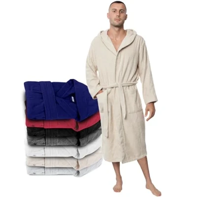 Image of Bathrobe Men &amp; Women 100% Cotton OEKO TEX® Certified S Dark Grey Premium Dressing Gown Mens Absorbent Towelling with Hood, 2 Pockets, Belt