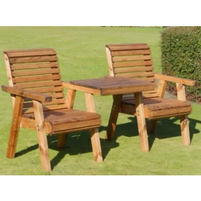 Image of 2 Seater Love Seat Handmade Wooden Chairs Garden Chair Set Rustic Companion Seats Chunky with Tray Table