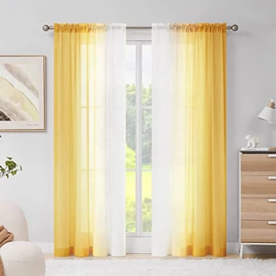 Image of Melodieux Yellow Ombre Sheer Curtains Chiffon Gradient Rod Pocket Voiles, 56x90 inch, 2 Panels