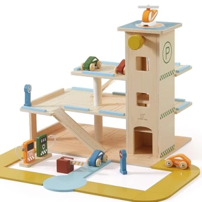 Image of Little Log Wooden Toy Parking Garage with Car Wash Accessories, Play Lift, Helicopter, 21 Piece 3 Storey Set for Boys and Girls years old