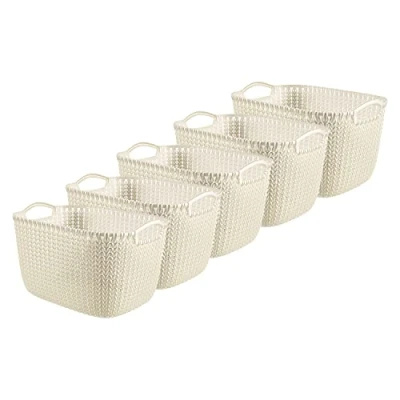 Image of Curver Knit Effect Set of 5 Kitchen, Living room, Bathroom, Bedroom, Utility Large Rectangular Storage Baskets 19 Litres Oasis White