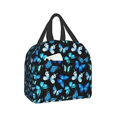 Image of KBBMFEU Butterfly Lunch Bag Insulated Blue Butterflies Box for Teen Girls Boys Women Men Reusable Cooler Teto Bags School Work Office