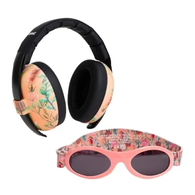 Image of Banz Baby Ear Defenders &amp; Sunglasses Combo Noise Cancelling Headphones Wrap Around for Infants Toddlers, 0 36 Months, Adjustable Straps 100% UV Protection, SNR 31dB