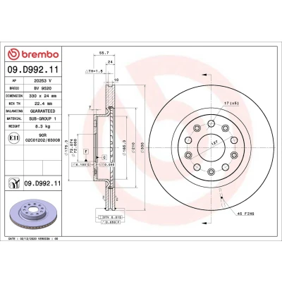 Image of 68273502AA, 68273502AB Brake disc BREMBO 09.D992.11 330mm 24mm 5 internally vented Coated JEEP: Wrangler IV