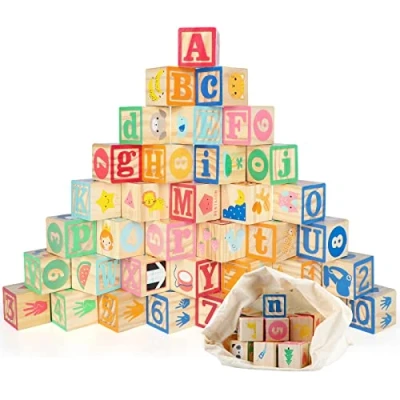 Image of Jacootoys 36PCS Wooden ABC Blocks 1.65 Big Alphabet Letters Number Building Block Set Montessori Educational Toys for Kids