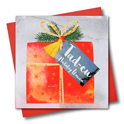 Image of Welsh Grandpa Christmas Card, Nadolig Llawen Tad cu, Present, Tassel Embellished