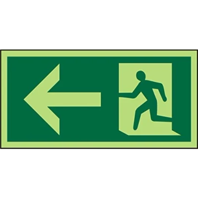 Image of Seco Fire Exit Arrow Pointing Left &amp; Man Running Pictogram Sign, 200mm x 100mm Photoluminescent Self Adhesive Vinyl