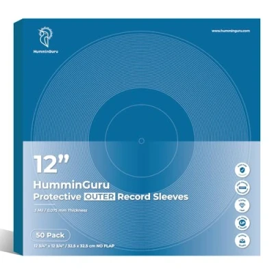 Image of HumminGuru Vinyl Record Outer Sleeves 12 Inch, Crystal Clear, High Density Plastic Protective for Single &amp; Double LP Album Covers, 3Mil, 50 Pack (12&quot; Seamless Sleeves)