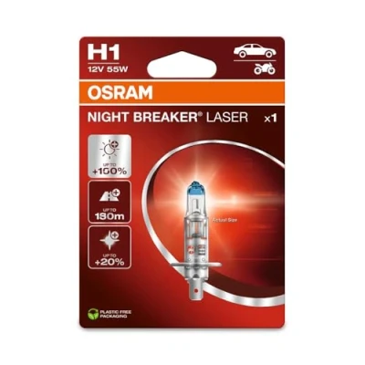 Image of OSRAM NIGHT BREAKER LASER H1, +150% more brightness, halogen headlight lamp, 64150NL 1BL, 12V, blister (1 lamp), white