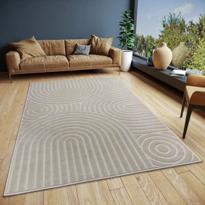 Image of Hanse Home Wave Design Living Room Rug Flat Weave Modern, Scandinavian Boho Style, Geometric 3D Effect, for Dining Room, Children&#039;s Hallway Cream, 133 x 190 cm