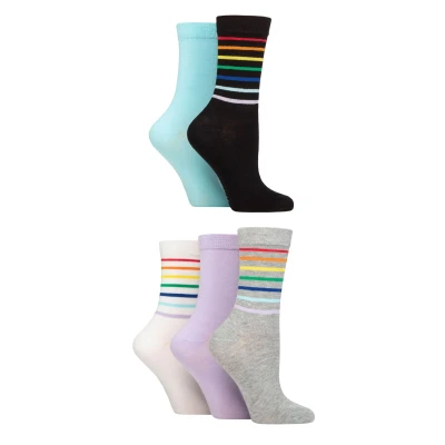 Image of Women&#039;s 5 Pair SOCKSHOP Wildfeet Patterned Bamboo Socks Stripe Black / Blue Grey 4 8