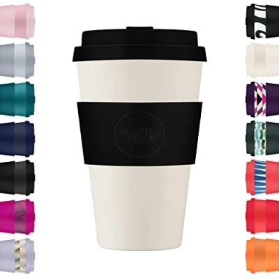 Image of Ecoffee Cup 14oz 400ml Reusable Eco Friendly 100% Plant Based Coffee with Silicone Lid &amp; Sleeve Melamine Free Biodegradable Dishwasher/Microwave Safe Travel Mug, Black Nature
