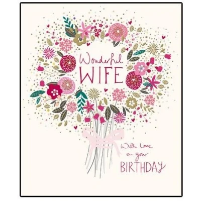 Image of Woodmansterne Wife Birthday Card (WDM 424069) Artistic Bunch of Flowers from The Peach &amp; Prosecco Range Foiled Embossed Finish