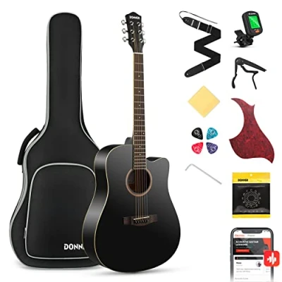 Image of Donner Guitar Acoustic Full Size 4/4 Cutaway Beginner Adult 41 inch Kit with Gig Bag Tuner Strap Strings Capo Picks(Black)