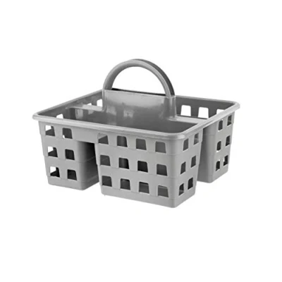 Image of Plastic Utility Caddy Kitchen Cleaning Tool Organiser with Handle Storage Tidy Handy Cleaner Box 3 Compartment Portable Tote Tray Carry Basket Indoor Outdoor Housekeeping (Grey)