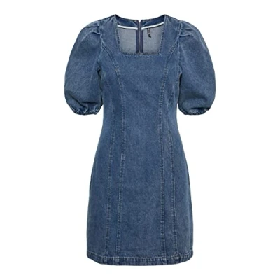Image of PIECES Women&#039;s Pcbru SS Square Neck Dress BC, Medium Blue (Medium Denim), M
