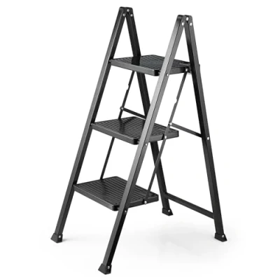 Image of VonHaus Slim 3 Step Ladder with Anti Slip Steps and Feet Black Lightweight Folding Stepladder 150KG Max Capacity, Easy to Store Ideal for Home/Kitchen/Garage Household