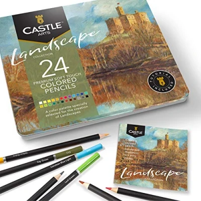 Image of Castle Arts Themed 24 coloured Pencil Set in Tin Box, perfect colours for ‘Landscapes’. Featuring quality, smooth cores, superior blending &amp; layering performance achieving great results