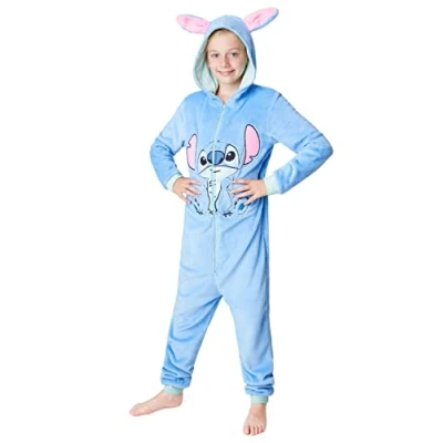 Image of Disney Stitch Onesie for Kids Fleece Pyjamas Lounge Wear Eeyore Minnie Mouse Gifts (13 Years, Blue Stitch)