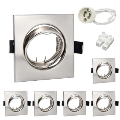 Image of Wondlumi Set of 6 LED Recessed Spotlights Frame GU10 Swivelling Brushed Stainless Steel 68 mm Square 230 V Mounting Including Socket for or Halogen