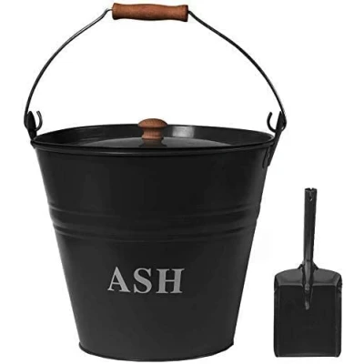 Image of UniverseGismo Carry Ash Bucket with Lid &amp; Handle Tools Fire places Pits Wood Coal Burning Stove Metal Charcoal Bin Box Outdoor Indoor Galvanised Black (Ash + Shovel)