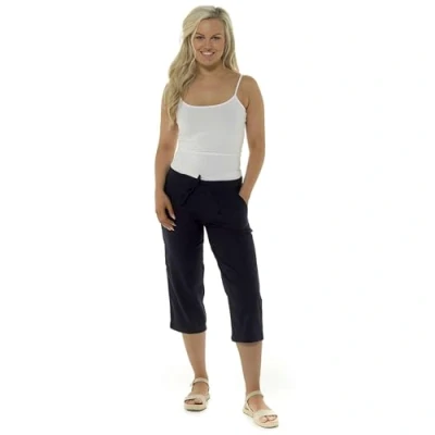 Image of Thingimijigs Ladies Linen Blend Cropped Trousers 3/4 Length Casual Summer Pants with Ribbed Waistband Black UK 18