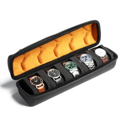 Image of Hard watch Roll Travel Case, 5 Slot Zipper Case Storage and Organizer for Men Women, with anti move pillow (Black microfiber lining)