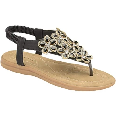 Image of DUNLOP Ladies Women&#039;s Summer Folk Round Clip Toe Sandals Beach Flip Flops Flat Elastic T Strap Post Thong Shoes (6 UK, Black.)