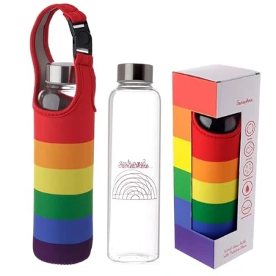 Image of Somewhere Rainbow Reuable Glass Water Bottle with Protective Neoprene Sleeve